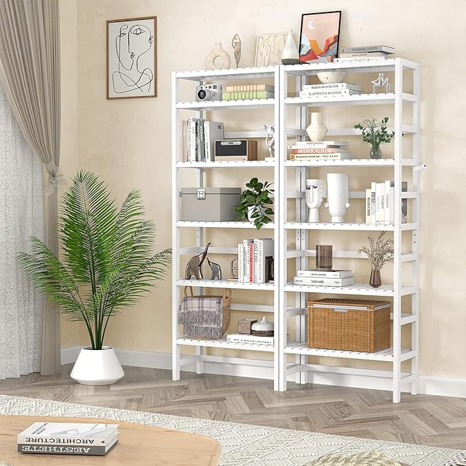 Homykic 6-Tier Bamboo Bookshelves and Bookcases, Adjustable 63.4”Tall Shallow Book Shelf Organizer Rack, Freestanding Storage Shelving Unit for Living Room, Kitchen, Bathroom, Office, White