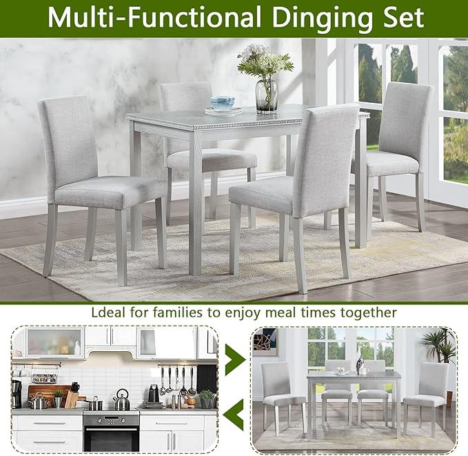 Ball & Cast 5 Piece Dining Table Set,Kitchen Table Set for 4 W/ 45.5" Rectangular Wooden Dining Table,Living Room Furniture W/ 4 Upholstered Chairs,for Dining Room,Kitchen,Silver Grey
