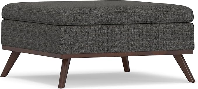 SIMPLIHOME Owen 36 inch Wide Mid Century Modern Square Coffee Table Storage Ottoman in Ebony Tweed Look Fabric, Assembled, for the Living Room, Entryway and Family Room