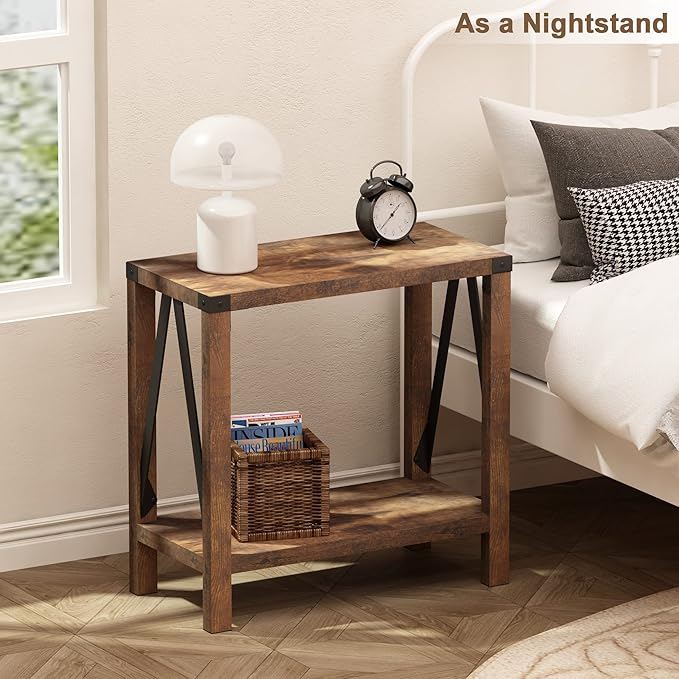 ChooChoo Farmhouse End Table for Small Spaces, Narrow Side End Table with Storage Shelf, Rustic A-Design Nightstand Sofa Table for Living Room, Bedroom (Rustic Brown) 2 Pack
