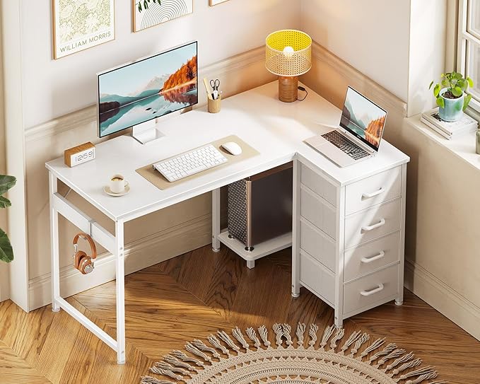 Casaottima L Shaped Desk with 4 Drawers, 40" Small White Computer Desk with Storage, Reversible Kids Study Desk with CPU Stand & Hook, Corner Desk for Home Office