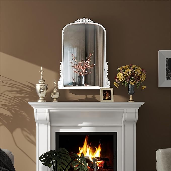 SHYFOY Antique Wall Mirror - White Baroque Arch Mirror for Wall Decor, 31.5" x 23.6" Decorative Mirror, Traditional Elegance for Living Room, Entryway, Mantel