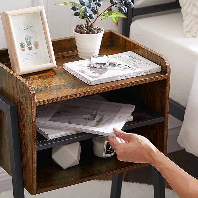 VECELO Nightstand Set of 2,Industrial Side End Table/Stackable Accent Furniture with 2-Tier Open Storage Compartments for Bedroom, Living Room and Small Spaces