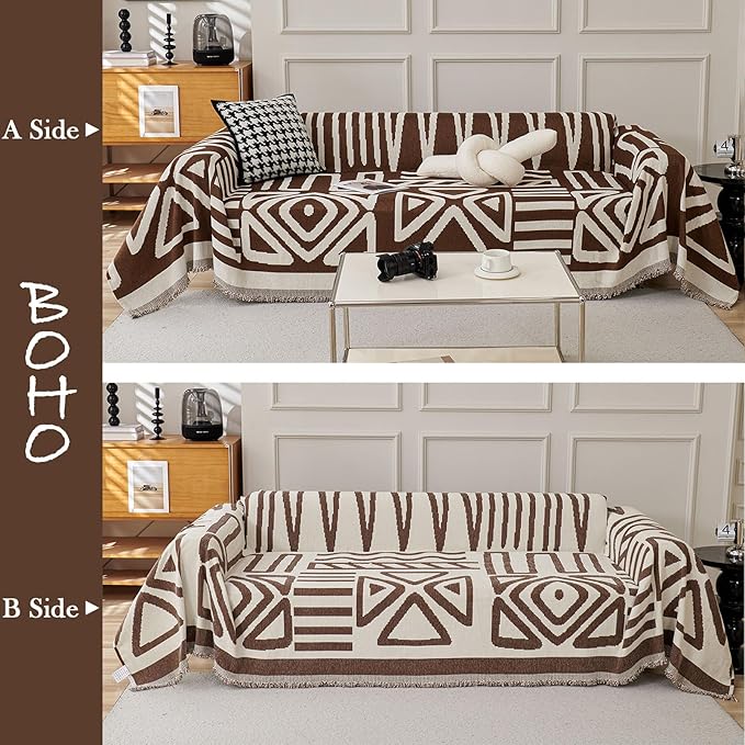 HANDONTIME Chocolate Boho Couch Cover Reversible Sofa Covers for 3 Cushion Couch Washable Sofa Cover for Dogs Dark Couches Covers Chenille Couch Protector Covers for Sofa, 71" X102"