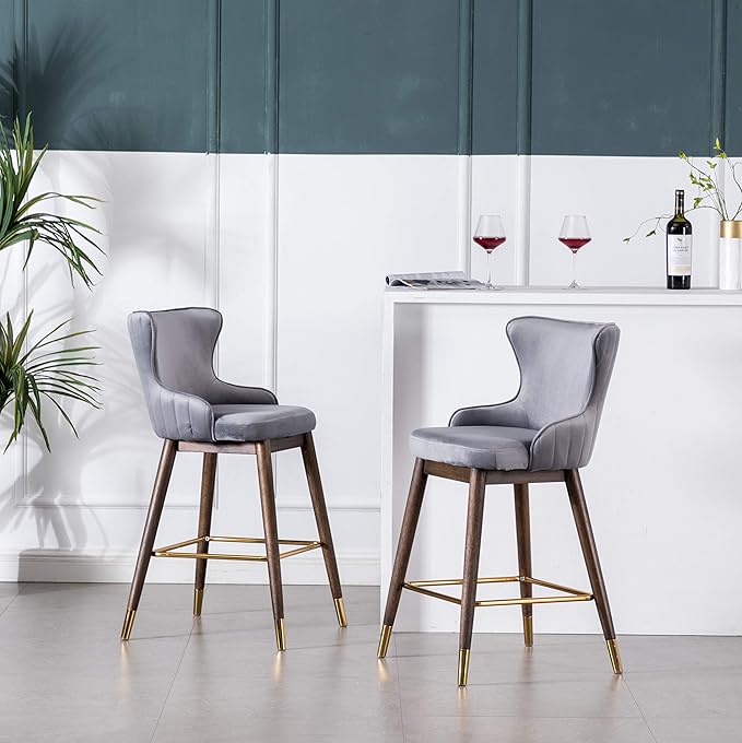 Roundhill Furniture Leland Fabric Upholstered Counter Height Wingback Stools, Set of 2, Gray