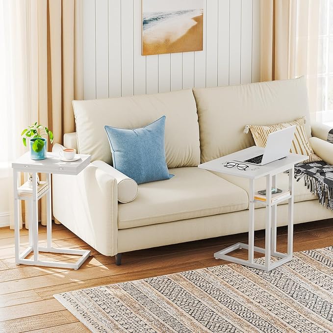 HOOBRO Foldable End Table, C Shaped Side Table with Storage Shelf, Small Snack Table Suitable for Living Room Bedroom Small Spaces, Easy Assembly, White WW29SF01