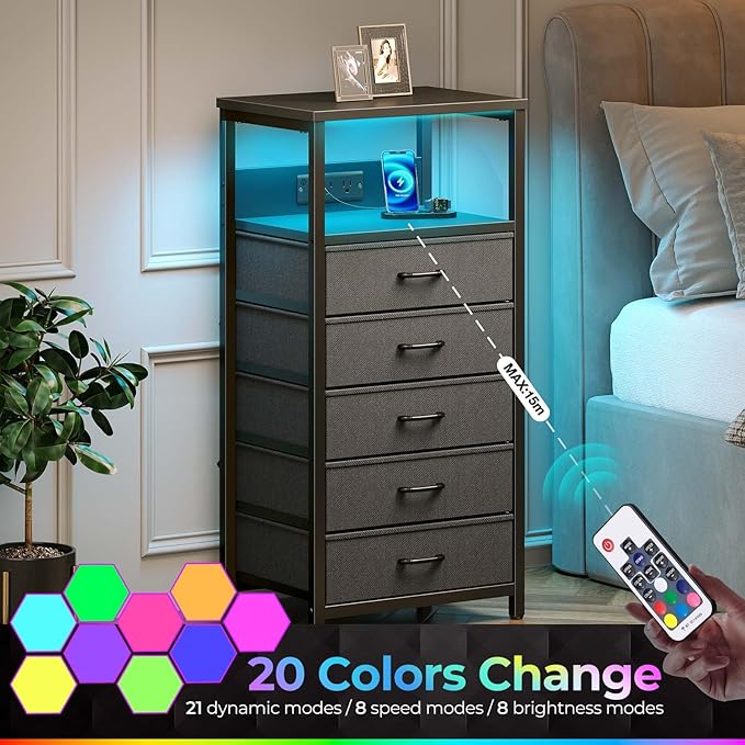 Seventable Night Stand with Charging Station, Tall Nightstand with 5 Fabric Storage Drawers, Side Table with LED Light for Bedroom, Entryway, Black, Set of 2