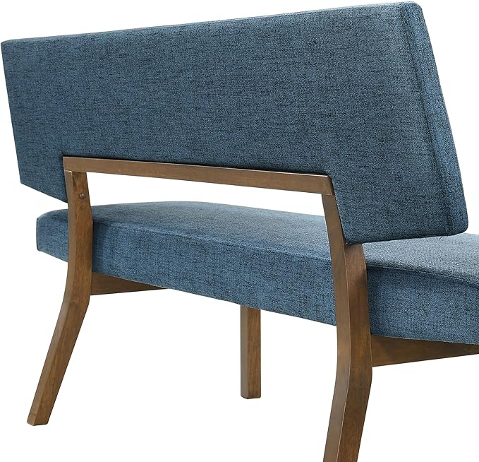 Armen Living Channell Mid Century Modern 5 Piece Walnut Wood Dining Table Set with Benches in Blue Fabric