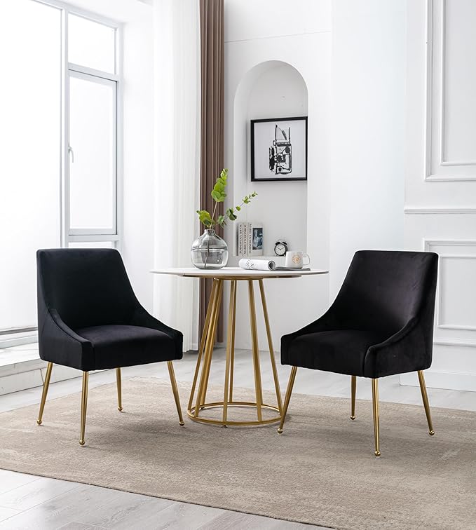 Modern Velvet Dining Chairs Set of 2, Contemporary Upholstered Furniture Collection with Polished Gold Metal Legs, Elegant Accent Chairs for Kitchen Living Room(Black)