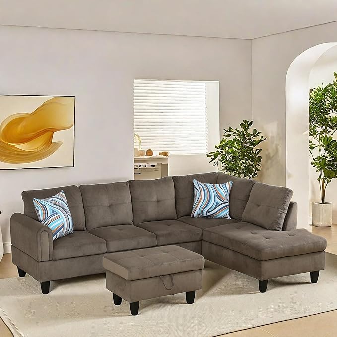 NAYSAYE Sectional Couch with Ottoman Storage, L Shaped Couch Sofa Furniture Sets, Modern Comfy Modular Comfy Sofa for Living Room Bedroom, Office and Apartment, Brown