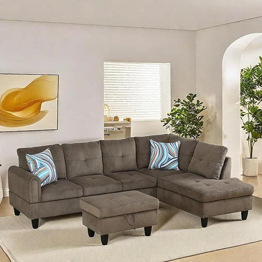 NAYSAYE Sectional Couch with Ottoman Storage, L Shaped Couch Sofa Furniture Sets, Modern Comfy Modular Comfy Sofa for Living Room Bedroom, Office and Apartment, Brown