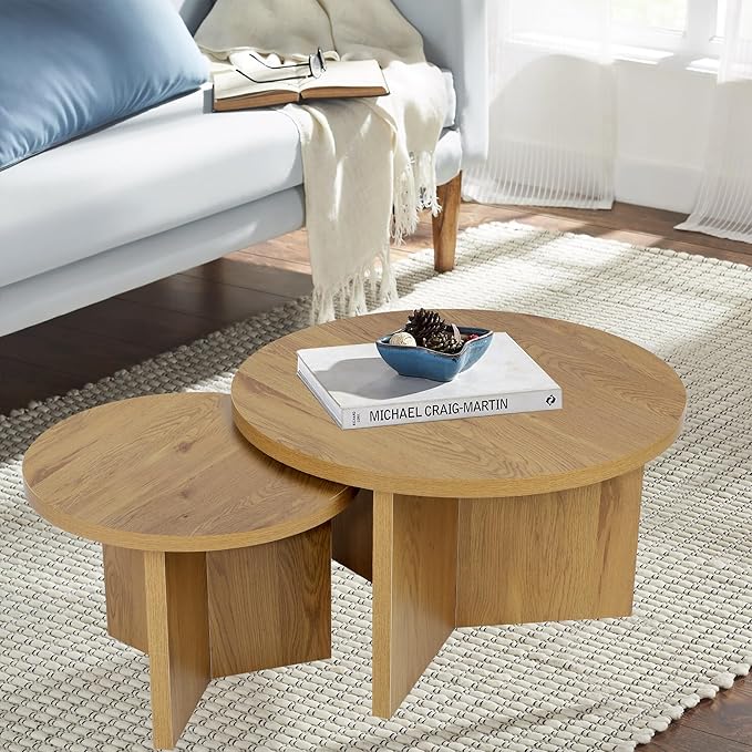 Round Nesting Coffee Tables Set of 2, Modern Stacking Table with Wood Grain Finish, End Table Side Tables for Living Room (Natural Oak)