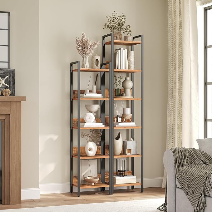 Bookshelf, 6-Tier Bookcase, Standing Book Shelf for Small Space, Storage Shelf Organizer, for Living Room, Bedroom, Study, Balcony, Rustic Brown and Black BKHR6601