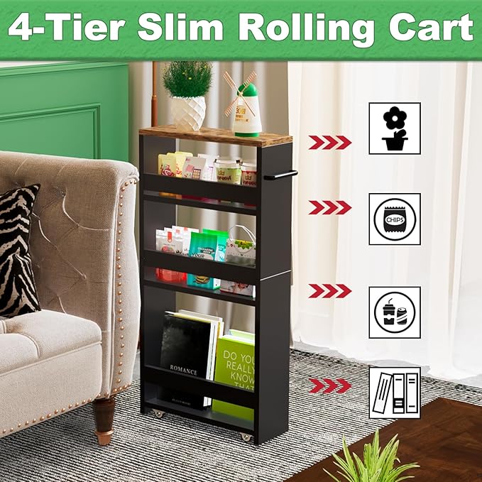MARTY Rolling Storage Cart 4-Tier Black Kitchen Cart with Wheels, Slim Storage Cart with Handle Slide Out Utility Cart Shelving Unit Organizer Trolley for Laundry Narrow Places Bathroom Small Corner