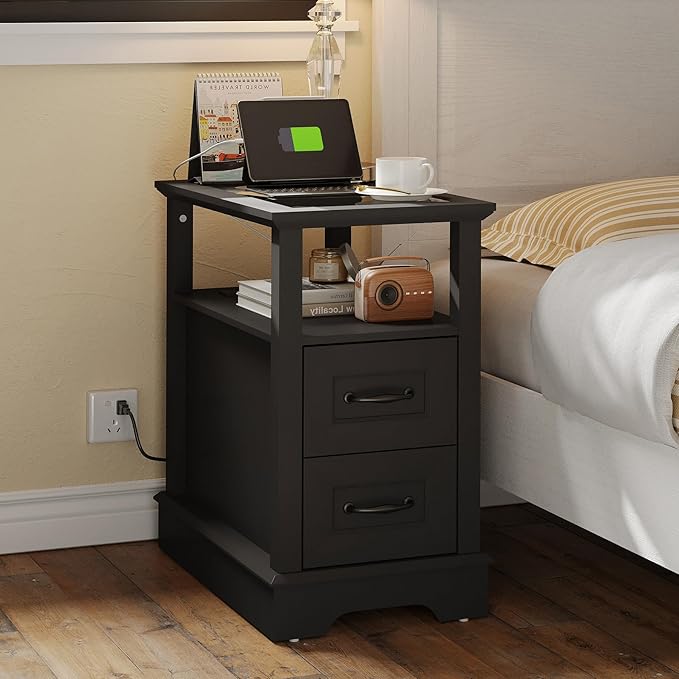 LINSY HOME End Table with Charging Station, Narrow Sofa Couch Side Table with Storage Drawers, Wooden Bedside Table for Living Room, Slim Nightstand for Small Space, Glass Top, Black