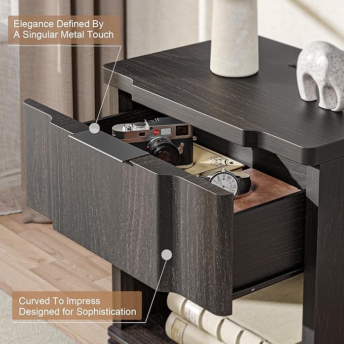 Nightstand with Charging Station, Wooden Curved Night Stand Bedside Tables with Storage Shelf & Drawer, Large Mid Century Modern Accent End Table for Bedroom Living Room Office