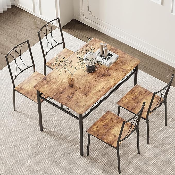 IDEALHOUSE Dining Table Set for 4, Kitchen Table and Chairs Set for 4, Rectangular Kitchen Table Set, 5 Piece Small Dining Table Set with Wood Chairs for Apartment, Small Space, Retro Brown