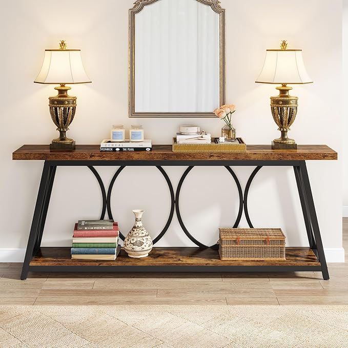 Tribesigns 70.9 inch Extra Long Console Table, Industrial Sofa Table Behind Couch with 2 Tier Storage Shelf, Narrow Entryway Hallway Accent Table for Living Room, Rustic Brown