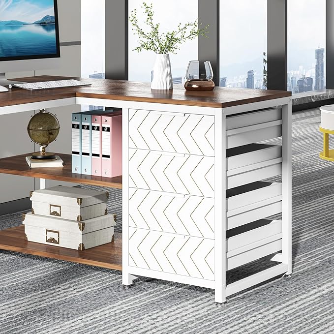 Tribesigns L Shaped Computer Desk with Storage Drawers, 59 inch Corner Desk with Shelves, Reversible L-Shaped Office Desk Study Writing Table Workstation for Home Office, Walnut & White