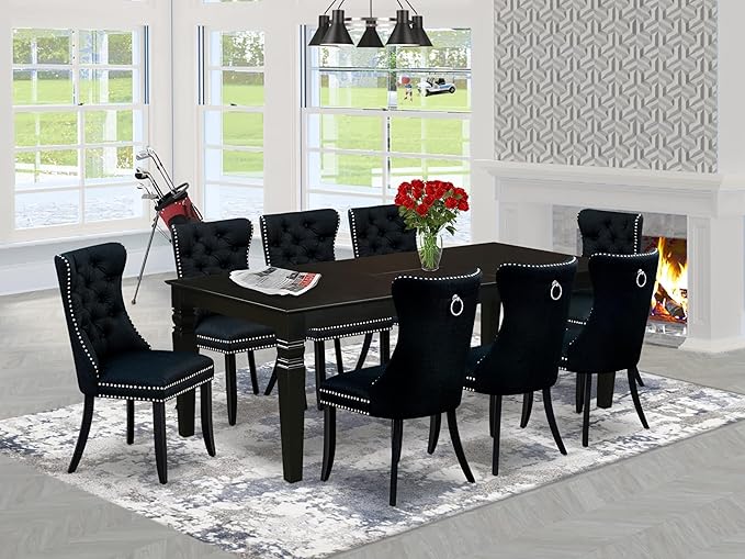 East West Furniture LGDA9-BLK-24 9 Piece Dining Table Set Includes a Rectangle Kitchen Table with Butterfly Leaf and 8 Polyester Fabric Upholstered Chairs, 42x84 Inch, Black