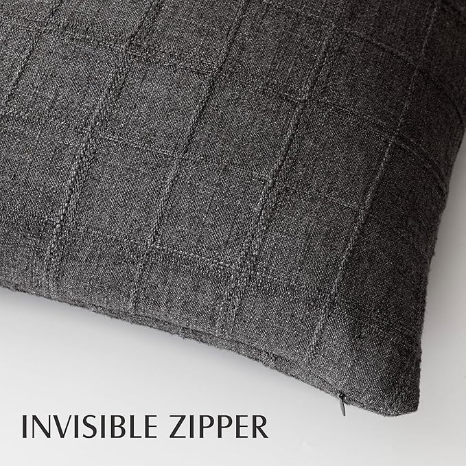 Foindtower Set of 2 Decorative Linen Check Throw Pillow Covers Neutral Farmhouse Vintage Cushion Covers Modern Boho Home Decor for Sofa Chair Couch Bedroom Living Room Outdoor,20×20 Inch,Charcoal