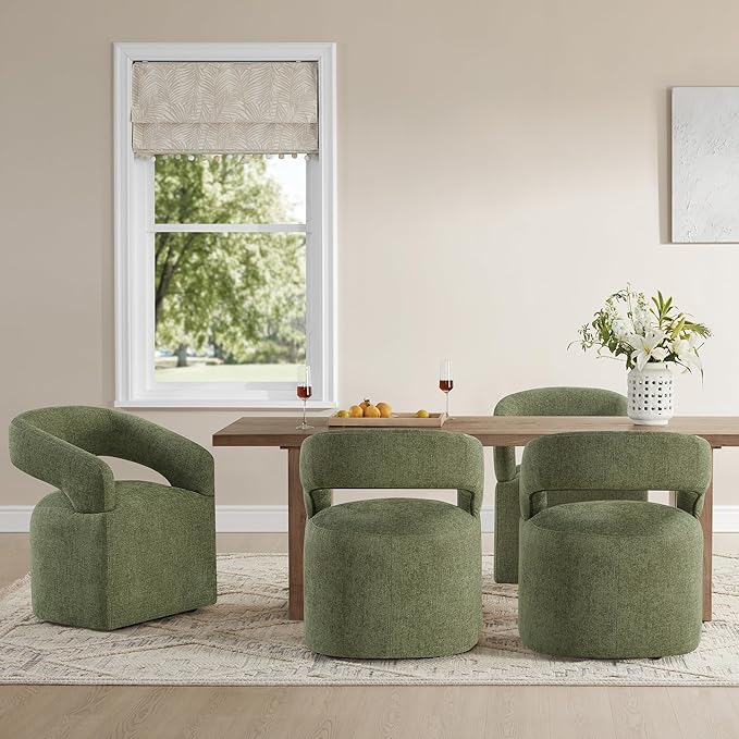 Upholstered Dining Chairs with Removable Casters Barrel Side Armchair with Rollers for Diningroom Bedroom Livingroom Reading Room, Green, 4PCS