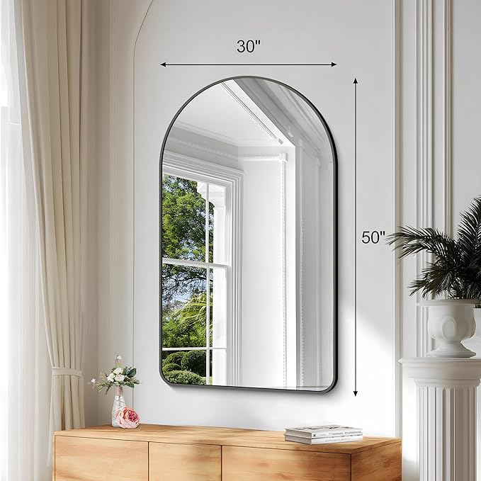 Arched Bathroom Mirror, 30"x50" Black Arched Mirror for Bathroom, Wall Mounted Mirror, Gold Vanity Wall Mirror Metal Frame for Bedroom, Entryway, Living Room, Vertically Hanging