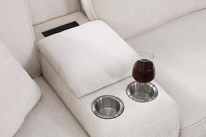 127" L-Shaped Sectional Couch with Movable Ottoman & 6 Throw Pillows,7 Seat Chenille Upholstered Sofa W/2 Cup Holder,USB Port & Hidden Storage Box,DIY Combination,for Living Room,Apartment,Beige