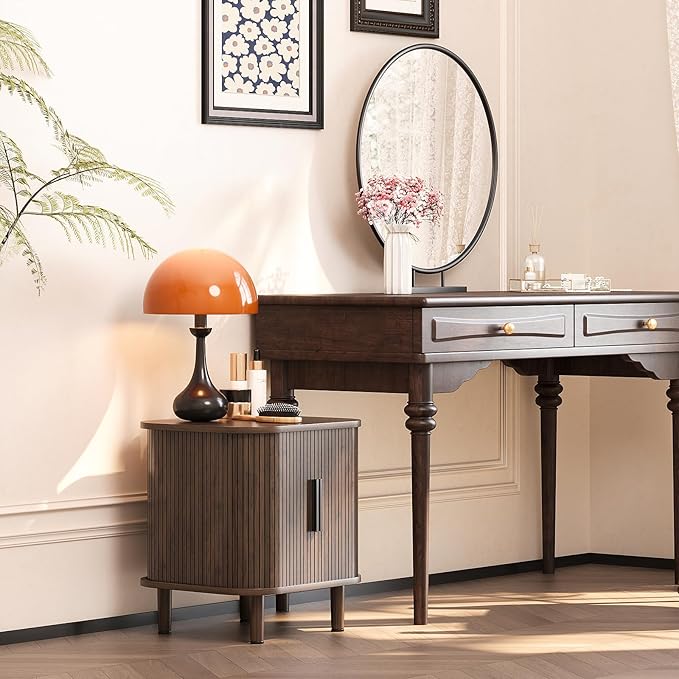 Fluted End Table with Sliding Tambour Door, Mid-Century Modern Bedside Table with Storage, Small Nightstand for Bedroom Living Room Side Table