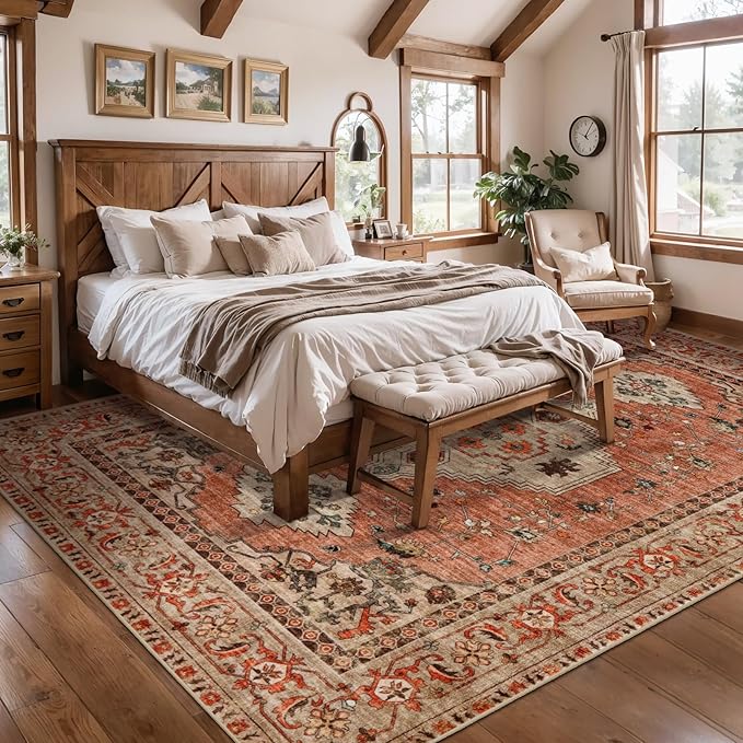 Tangsoo 5x7 Area Rug Washable for Living Room, Vintage Rug Indoor Non Slip Large Area Rugs, Print Distressed Terracotta Carpet, Soft Low Pile Rug Foldable Floor Rugs for Bedroom Dining Room Dorm