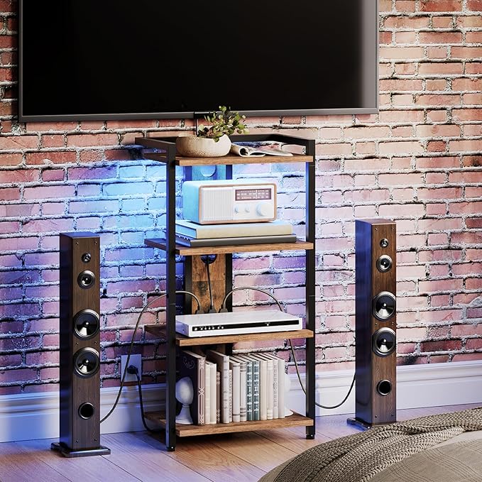 HOOBRO 4-Tier AV Media Stand, Media Console with Charging Station and LED Light, Wooden Stereo Cabinet, Corner TV Stand, Record Player, Entertainment Device Stand, Rustic Brown and Black BF38UDCJ01