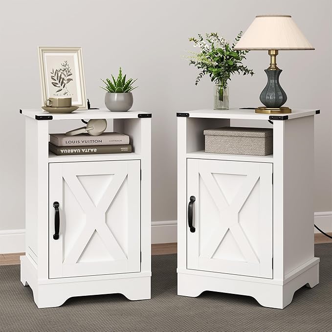 RoyalCraft Farmhouse Nightstand, White End Table with Charging Station, Tall Bedside Table with Large Storage Room and Shelf, Wooden Rustic Side Table for Bedroom, Home Office, White