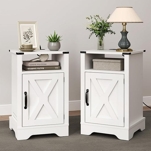 RoyalCraft Farmhouse Nightstand, White End Table with Charging Station, Tall Bedside Table with Large Storage Room and Shelf, Wooden Rustic Side Table for Bedroom, Home Office, White