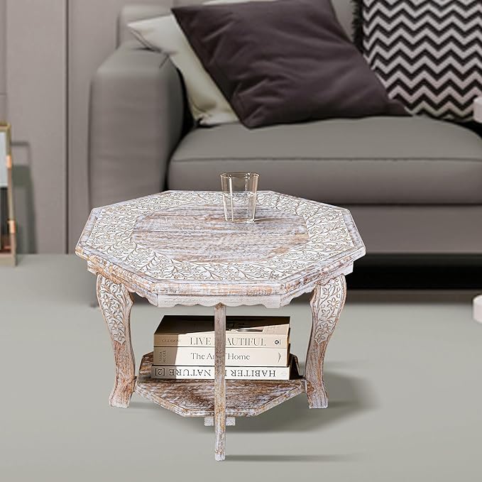 Farmhouse Carved Octagonal End Table – Rustic Accent Side Table with Hand Carved Floral Detailing, Portable Wood Tray Top, White Wash Finish, 24" Dai x 18" Height–Nightstand For Living Room,Bedroom
