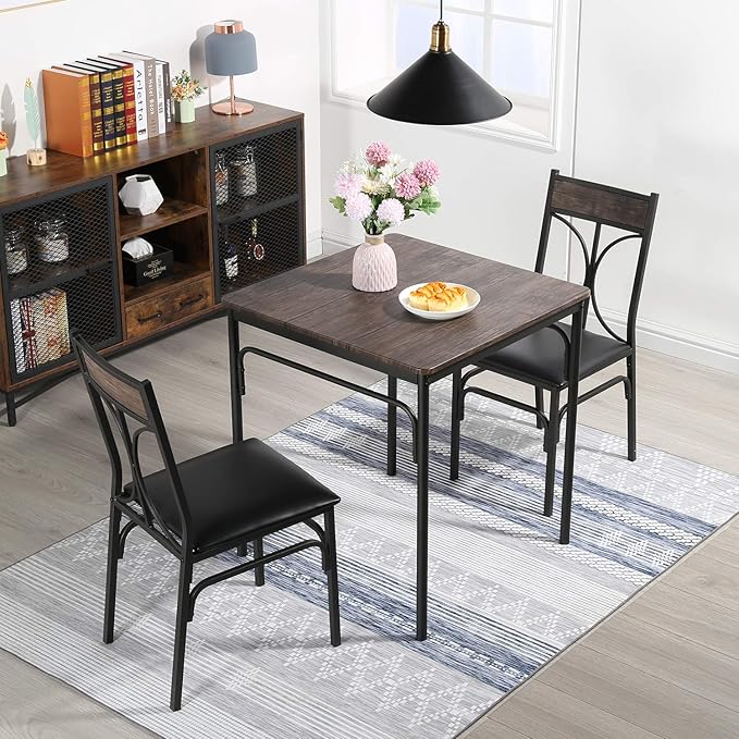 VECELO Kitchen Dining Room Table Set with 2 Chairs for Small Space, Apartment,Metal Steel Frame