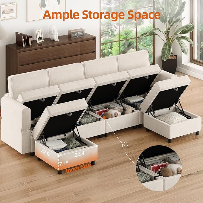 Modular Sectional 9-Seat Sofa, L Shaped Sectional Couch with Removable Storage Ottoman, Convertible Sleeper Sofa Suitable for Living Room, Bedroom, and Apartments, Beige