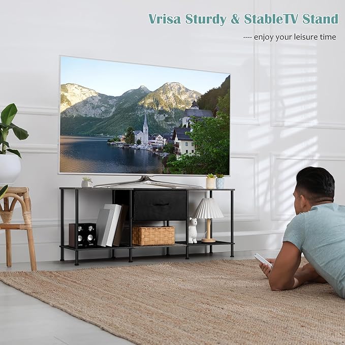 Vrisa TV Stand for 50/55 inch Television Entertainment Center with Storage Fabric Cabinet and Shelves Modern TV Console for Living Room Bedroom, Black+Grey