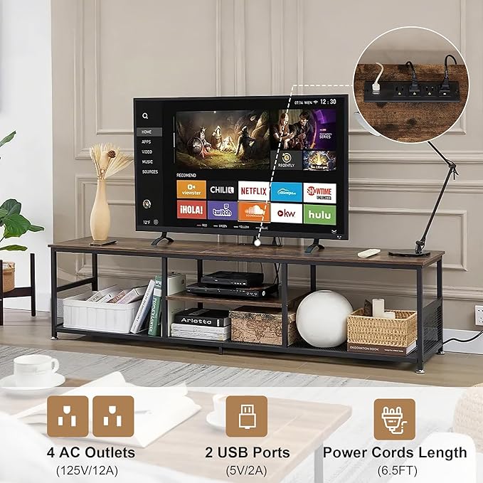 VECELO TV Stand with Power Outlets for Televisions up to 75Inch, 62" Media Entertainment Center with Charging Station 3-Tier Open Storage Shelves with Metal Frame for Living Room/Bedroom，Brown
