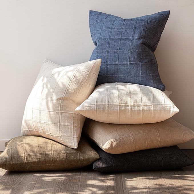 Foindtower Set of 2 Decorative Linen Check Throw Pillow Covers Neutral Farmhouse Vintage Cushion Covers Modern Boho Home Decor for Sofa Chair Couch Bedroom Living Room Outdoor,16×16 Inch,Charcoal
