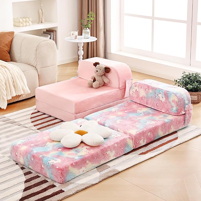 Tiita Folding Sofa Bed for Kids, Toddler Fold Out Couch with Removable Cover, Futon Sleeper Chair for Living Room, Guest Room, Pink