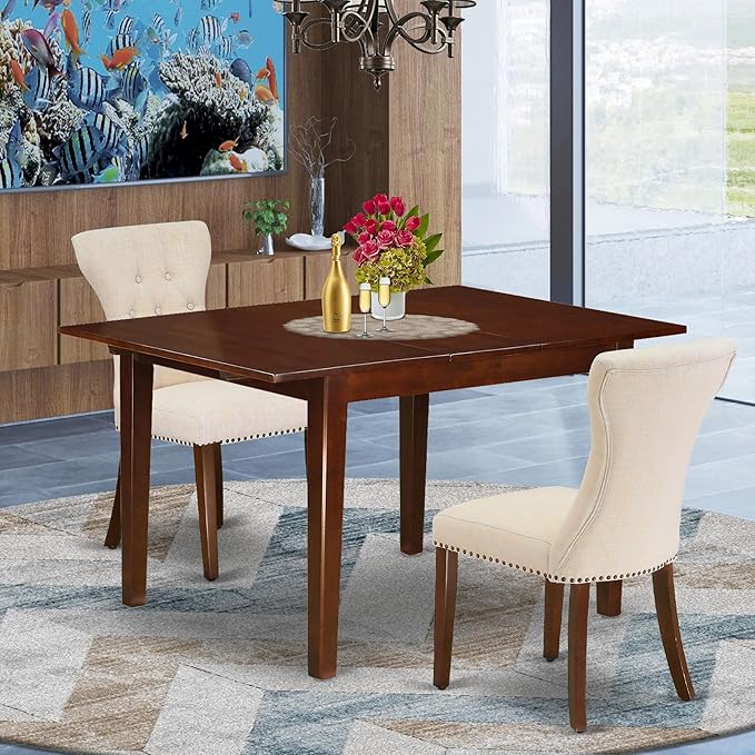 East West Furniture MLGA3-MAH-32 3 Piece Dining Room Table Set Contains a Rectangle Kitchen Table with Butterfly Leaf and 2 Light Beige Linen Fabric Parson Chairs, 36x54 Inch, Mahogany