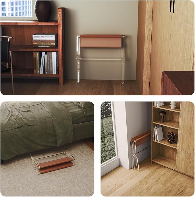 Sumerflos Acrylic Luggage Rack for Guest Room - Foldable Suitcase Stand with Leather Straps for Bedroom Living Room Hotel Heavy-Duty, Holds up to 50-100 lb lightweight Space Saving (Brown(whole) - 1 Pcs)