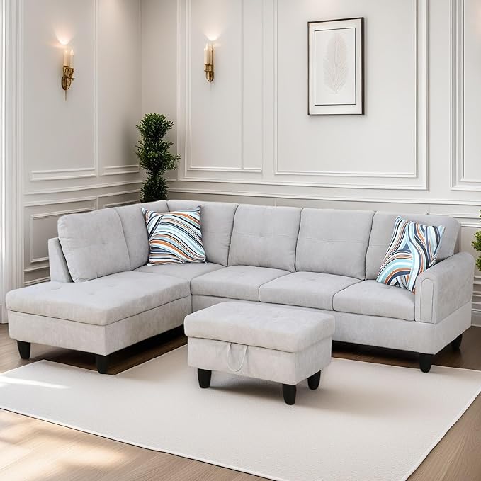 L Shaped Sectional Couches for Living Room, Modular Sectional Sofa with Ottoman Storage, Modern Comfy 4 Seat L Shaped Couch with Chaise for Bedroom Apartment Furniture, Gray