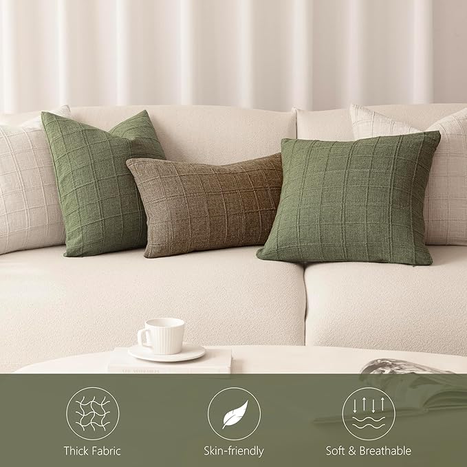 Foindtower Set of 2 Decorative Linen Check Throw Pillow Covers Neutral Farmhouse Vintage Cushion Covers Modern Boho Home Decor for Sofa Chair Couch Bedroom Living Room Outdoor,22×22 Inch,Sage Green
