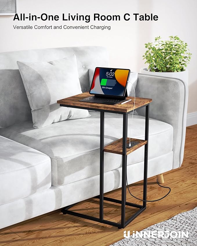 Innerjoin Side Table with Charging Station Set of 2, C Shaped End Table with LED Light Strip, Fast Charge Type C & USB Ports, Small Sofa Snack Laptop Side Table for Living Room Bedroom, Rustic Brown
