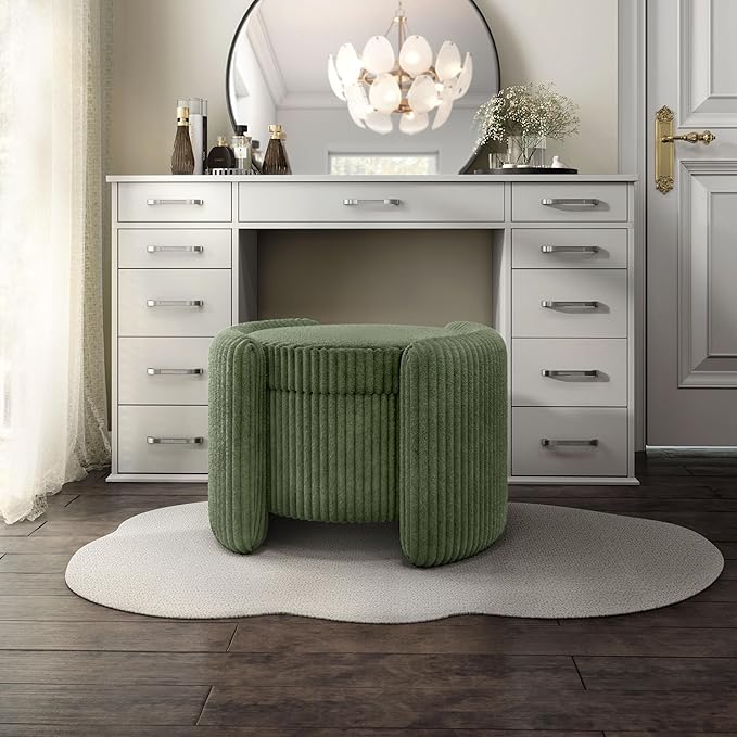 Furniture of America Lennox Modern Chenille 25-inch Round Storage Ottoman with Reversible Flip Top, Upholstered Footstool for Living Room, Bedroom, Entryway, Green