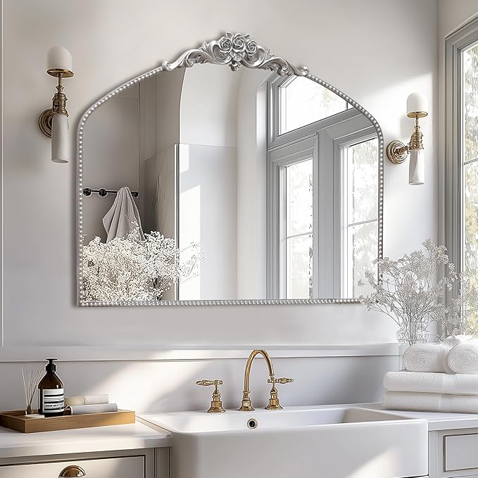 AIXI HOME Silver Arched Mirror, 40" x 30" Traditional Vintage Antique Mantel Mirror with Ornate Metal Frame, Baroque Wall Mounted Mirror for Entryway/Fireplace/Hallway/Bathroom/Living Room/Bedroom