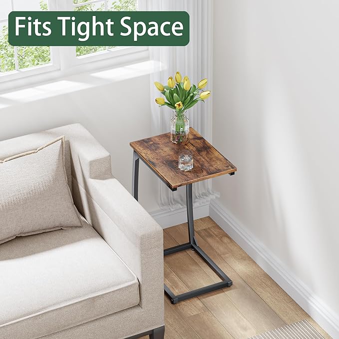 C-Shaped End-Table - Side Table for Couch,Curved Support Legs, Slide Under Couch Table for Sofa, TV Tray Table for Living Room Bedroom (Rustic Brown)