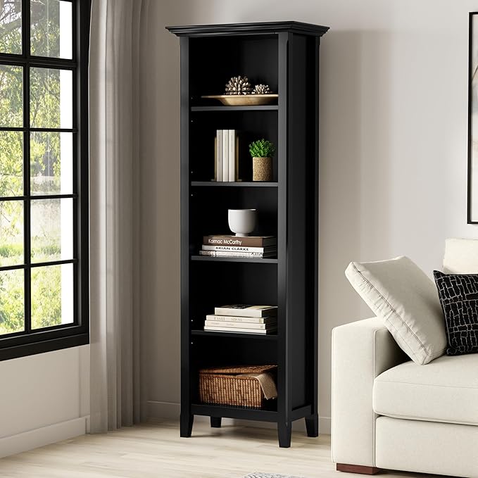 SIMPLIHOME Amherst Bookcase - 70 inch Tall 5-Shelf Solid Wood Bookshelf in Black, Transitional Storage for Living Room, Study Room or Office with Adjustable Shelves and Tapered Legs