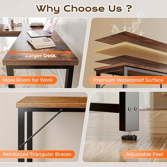 Huuger 63 Inch L Shaped Desk with 0.95 Inch Thicker Desktop, Reversible Computer Desk, Larger Corner Office Gaming Desk, Robust Metal Frame, for Home Office, Rustic Brown